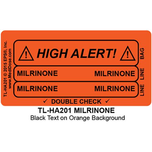 Line Tracing Label - MILRINONE - Black Text on Orange Backgr