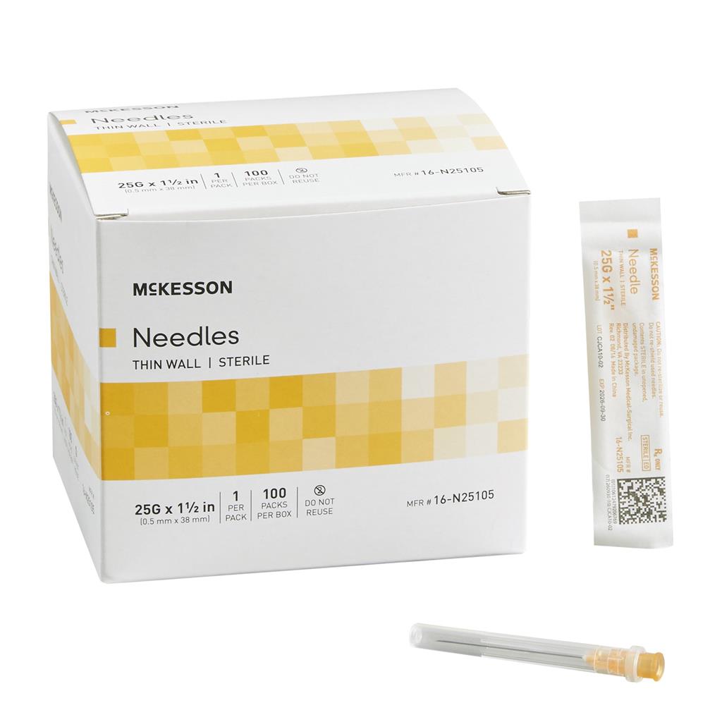 Hypodermic Needle McKesson Without Safety 25 Gauge 1-1/2 Inch Length Thin Wall, 100/EA 1000/CS
