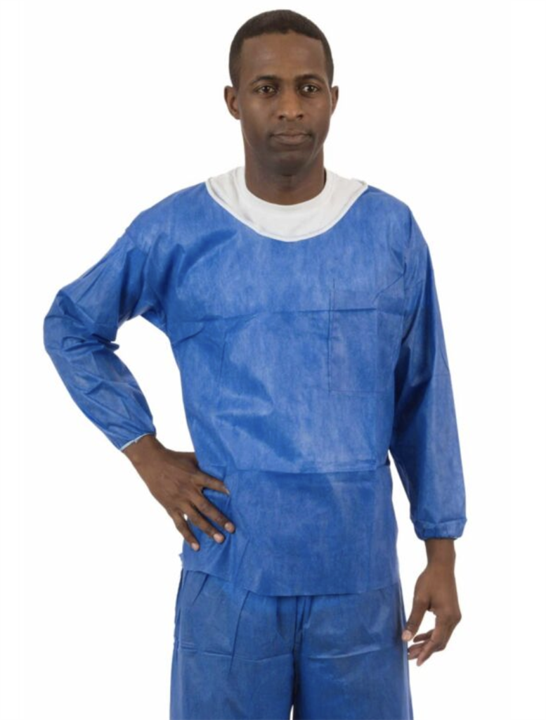 Blue SMS Soft Scrub Long Sleeve Shirt, Round Hemmed Neck, Elastic Wrist, Left Chest Pocket 30/cs