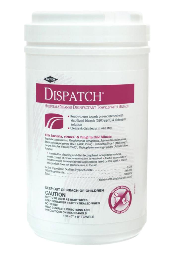 Dispatch® Hospital Cleaner Disinfectant Towels with Bleach, 6.75" x 8", 150/EA, 8/CS 
