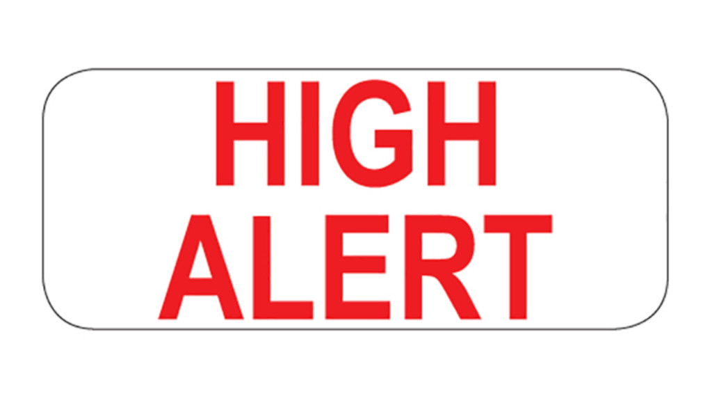 High Alert Labels, White with Red Text, 1½" x ⅝", 1000/EA