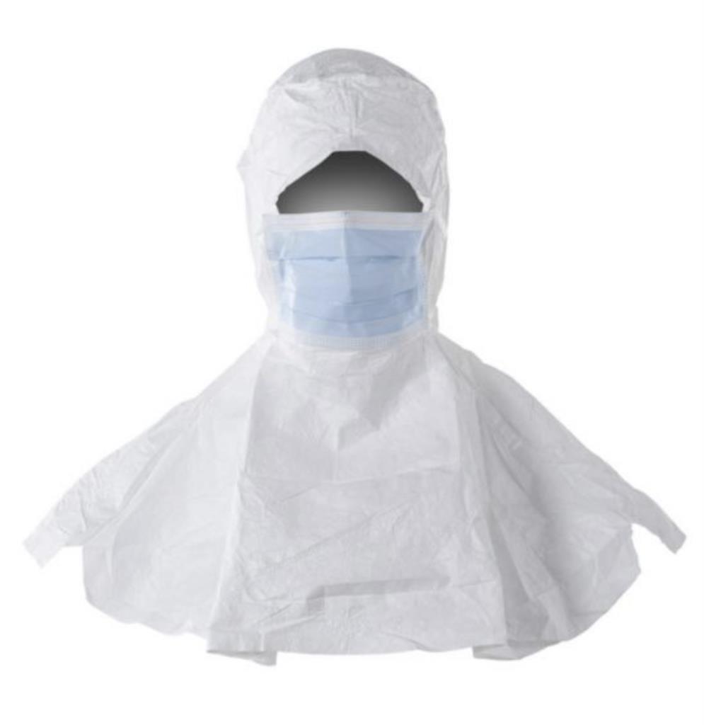 Tyvek IsoClean White Hood w/Pleated 7" Blue Face Mask, Bound Seams, Ties with Loops for Fit, 100/CS