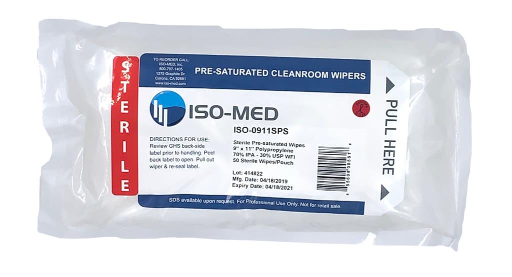 Sterile ISO-MED Plus Pre-Sat Wipes, 70% IPA / 30% DI Water , 100% Melt-blown Polypropylene 9" x 11" 