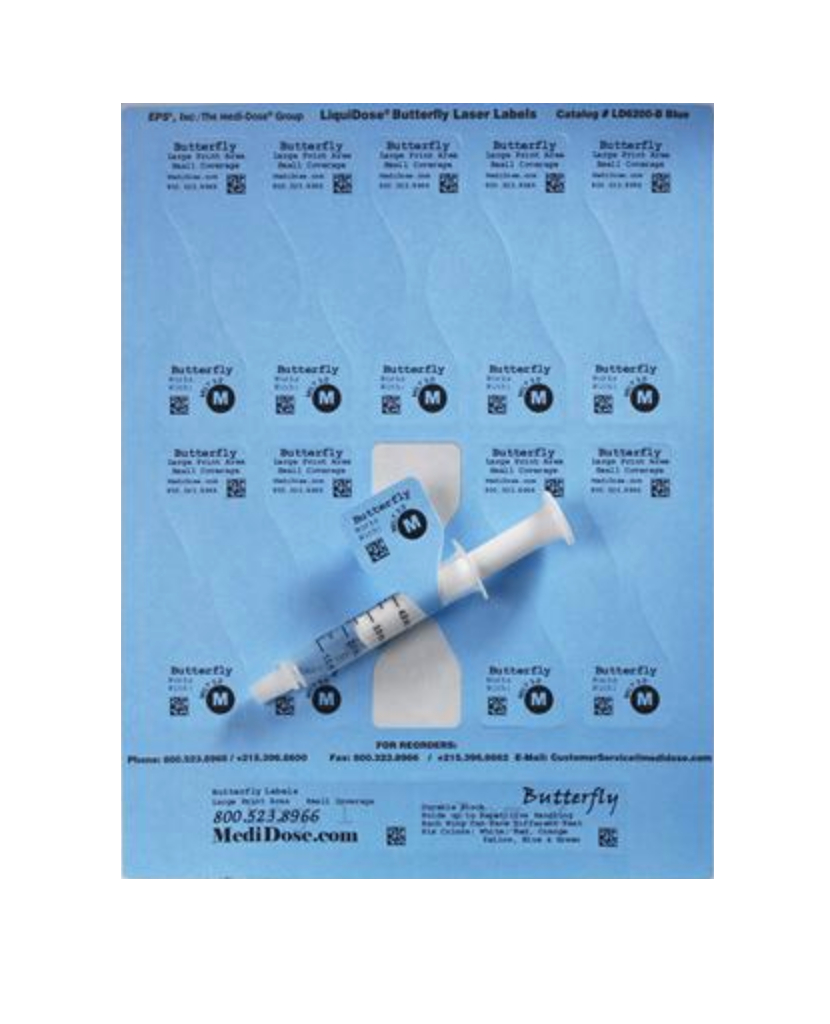 LiquiDose Butterfly Laser/Ink Jet Labels 1-1/4" x 4-1/4" Blue 1000/doses