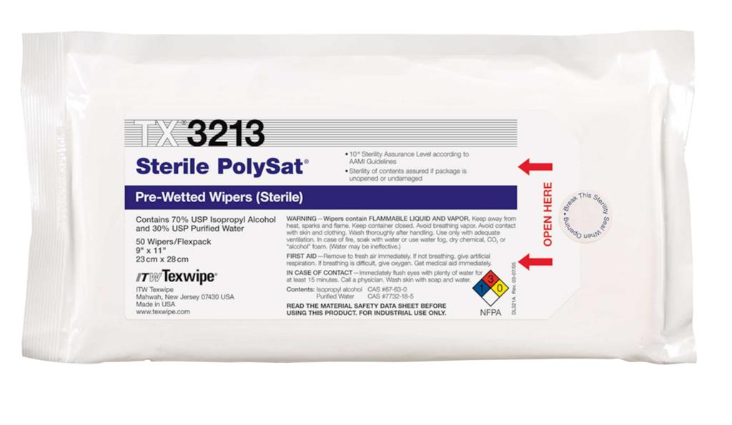 Sterile PolySat 9" x 11" (23 cm x 28 cm) Pre-Wetted Polypropylene Wipers, 50 wipers/flexpack 20 flex