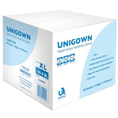 Unigown Blue Isolation Gown PP+PE Level 2, Non-Woven, Knit Cuffs, Waist and Neck Ties, 50/CS