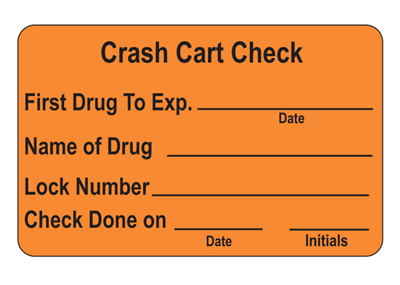 Crash Cart Check Label, Label is orange with black text, 2-3/4" wide x 1-3/4" high 1000/BX