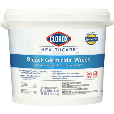 Clorox 110-Count Healthcare Bleach Germicidal Wipes Pail, 2/CS