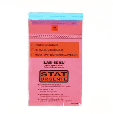 6" x 10" 1.8 mil Tamper-Evident Specimen Bags w/ Removable Biohazard Symbol Red Tint Printed "STAT"