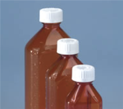 Amber Plastic Oval Bottles, Graduated with Child Resistant Caps, 16 oz., 32/CS