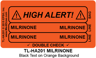 Line Tracing Label - MILRINONE - Black Text on Orange Background, 1000 Labels